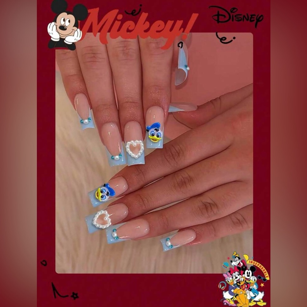 24 Pieces Disney Donald Duck Press-On Nails Blue French Tip 3D Faux Pearls